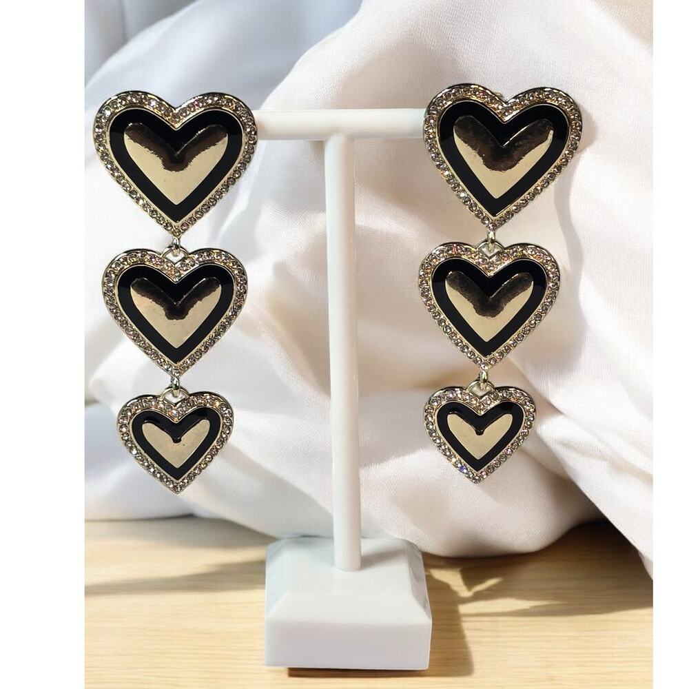 Sugarfix Triple Heart Rhinestone Drop Earrings Black Gold - Modern Glam